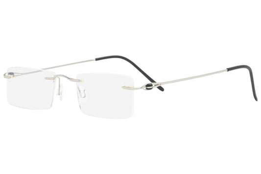 explop rimless black eyeglasses frame viewed from a 45-degree angle.