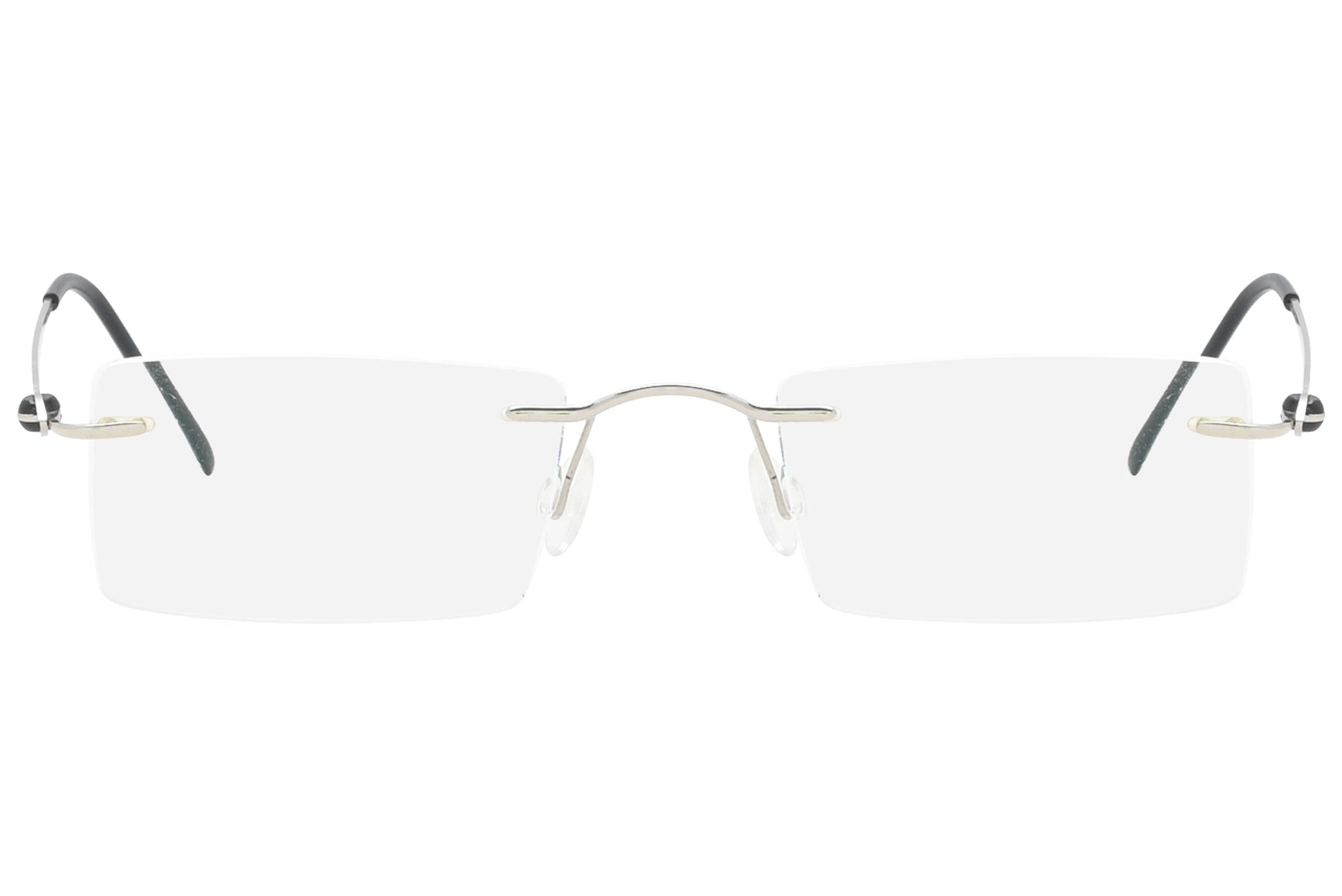 explop rimless black eyeglasses frame viewed from front view.