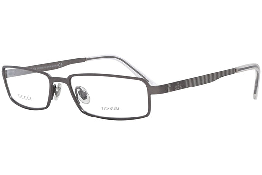 gucci rectangle silver eyeglasses frame viewed from a 45-degree angle.