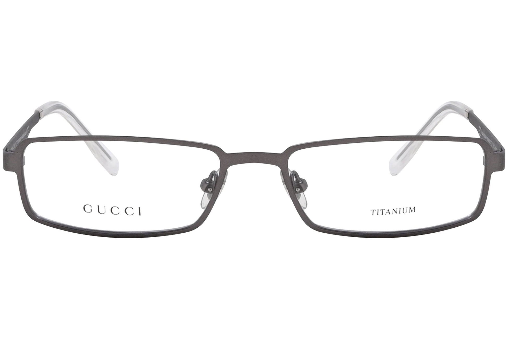 gucci rectangle silver eyeglasses frame viewed from front angle.