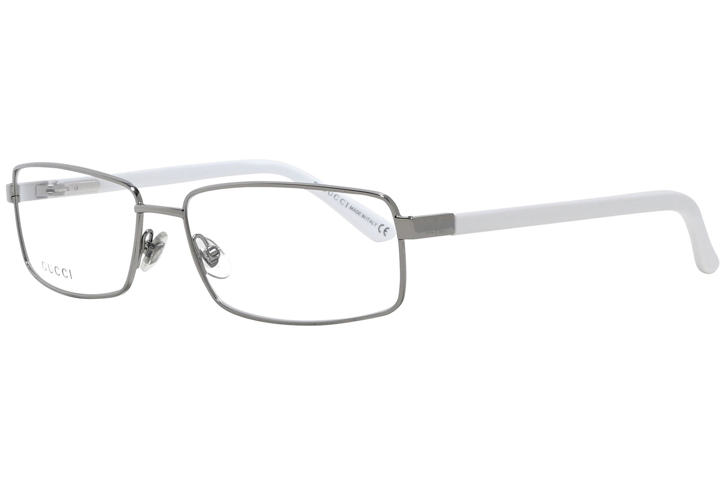 gucci rectangle silver eyeglasses frame viewed from a 45-degree angle.