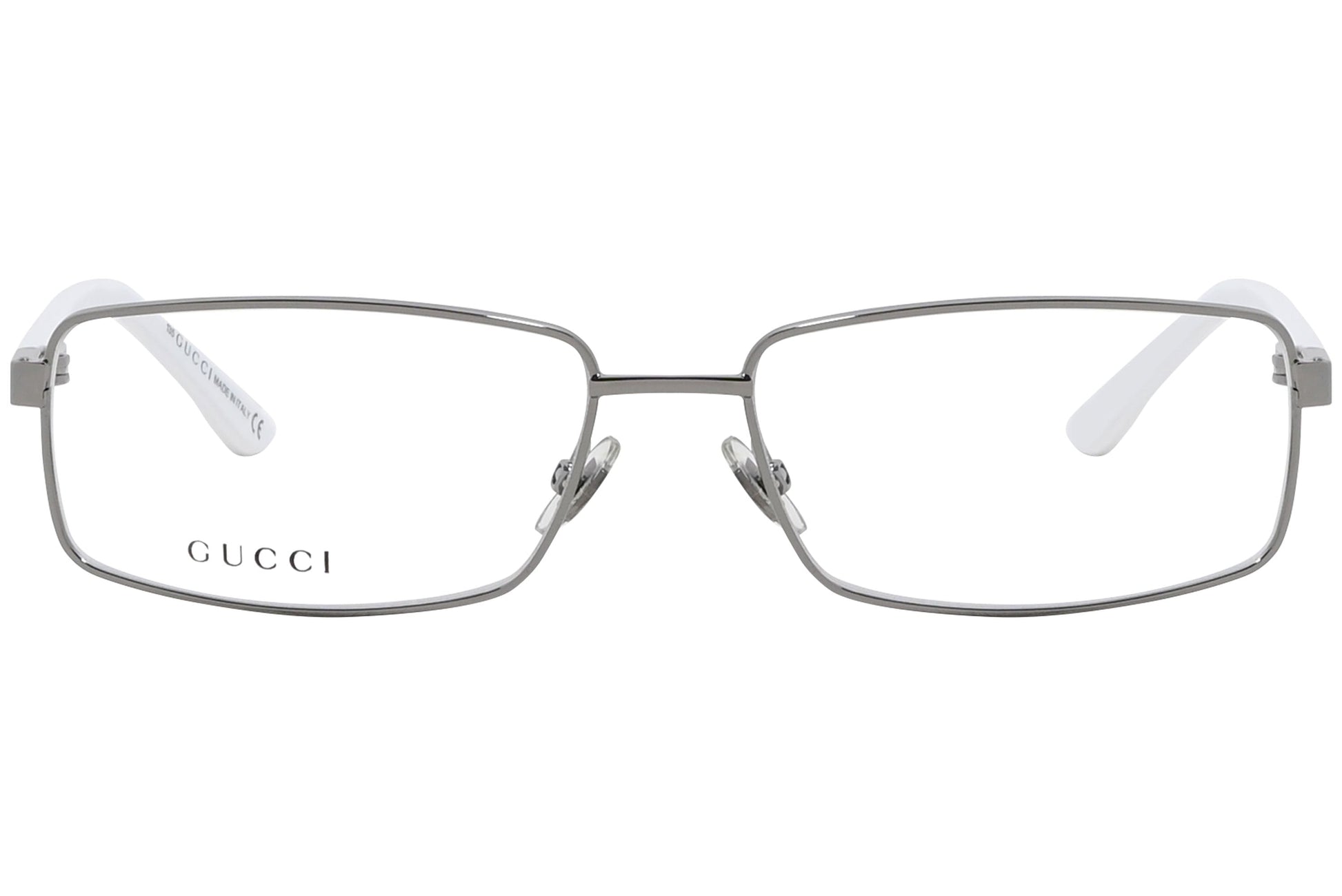 gucci rectangle silver eyeglasses frame viewed from front angle.