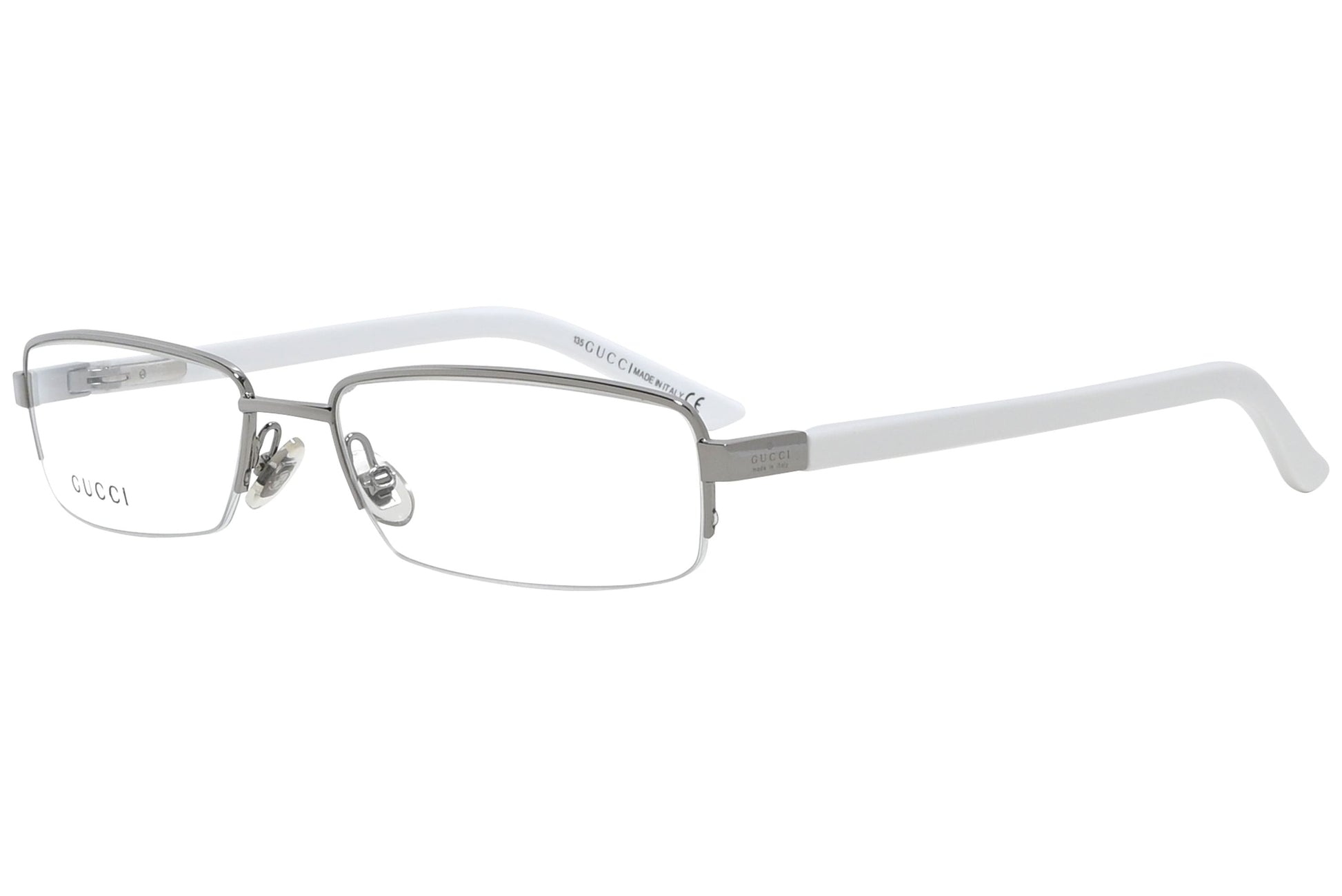 gucci rectangle white eyeglasses frame viewed from a 45-degree angle.