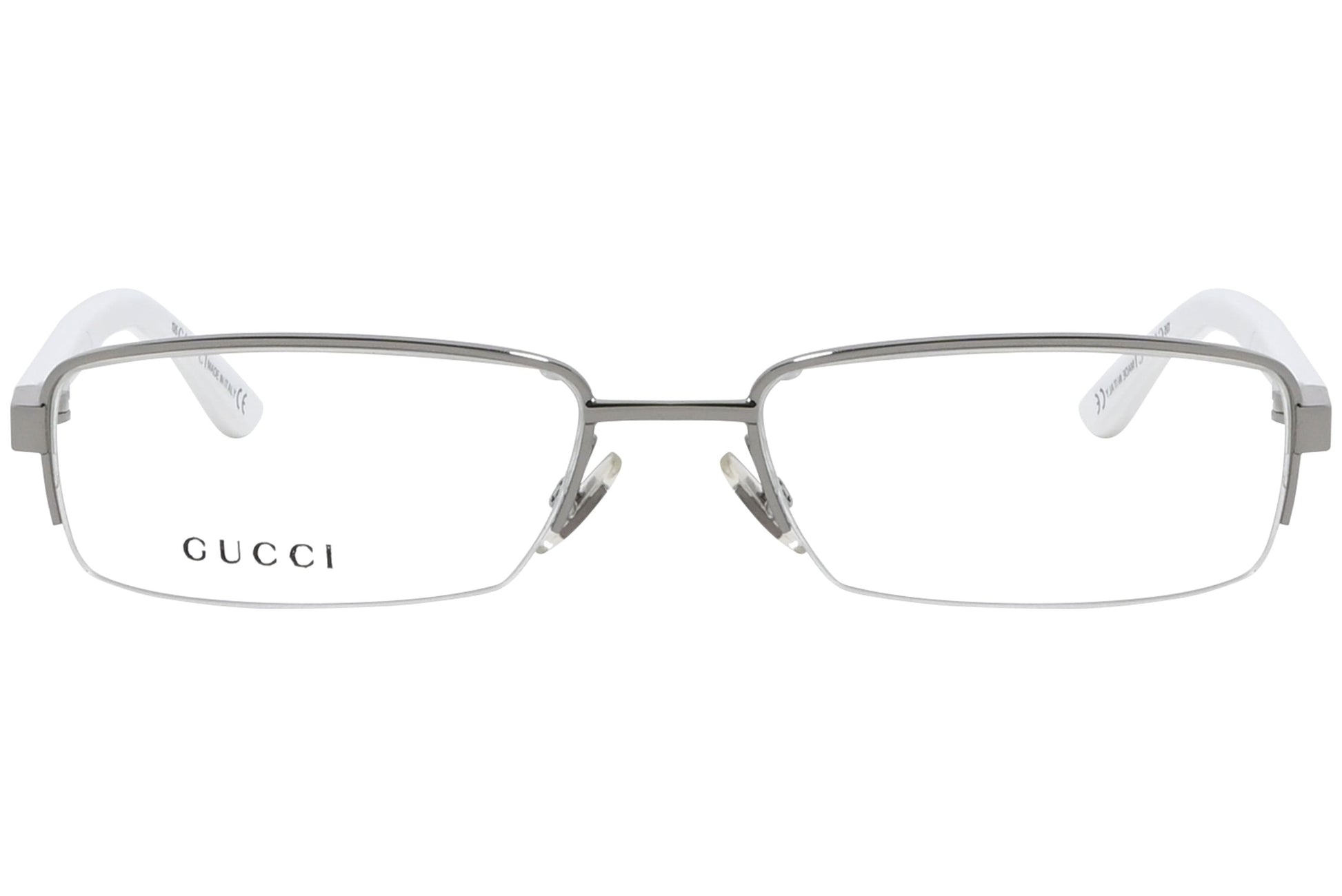 gucci rectangle white eyeglasses frame viewed from front angle.