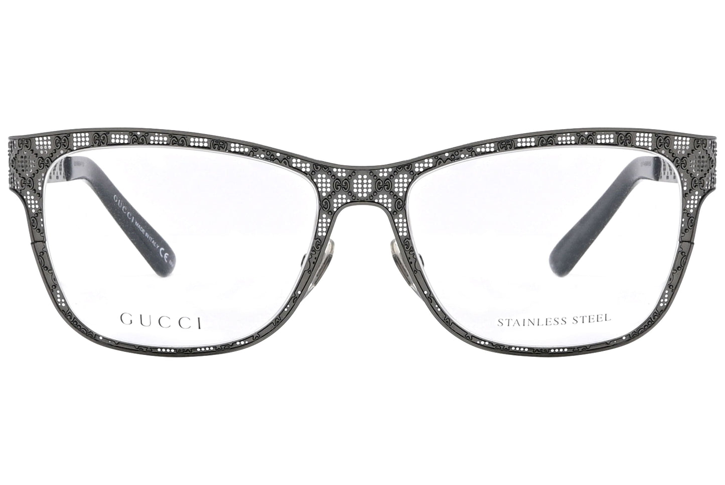 gucci wayfarer gray eyeglasses frame viewed from front angle.