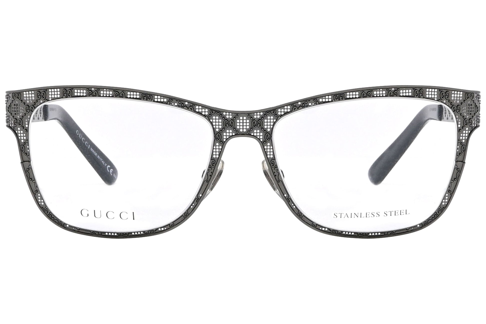 gucci wayfarer gray eyeglasses frame viewed from front angle.