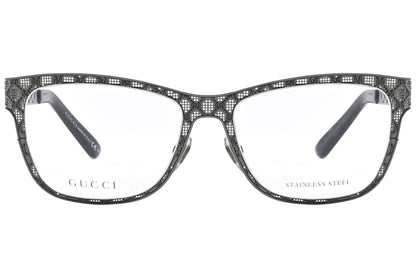 gucci wayfarer gray eyeglasses frame viewed from front angle.