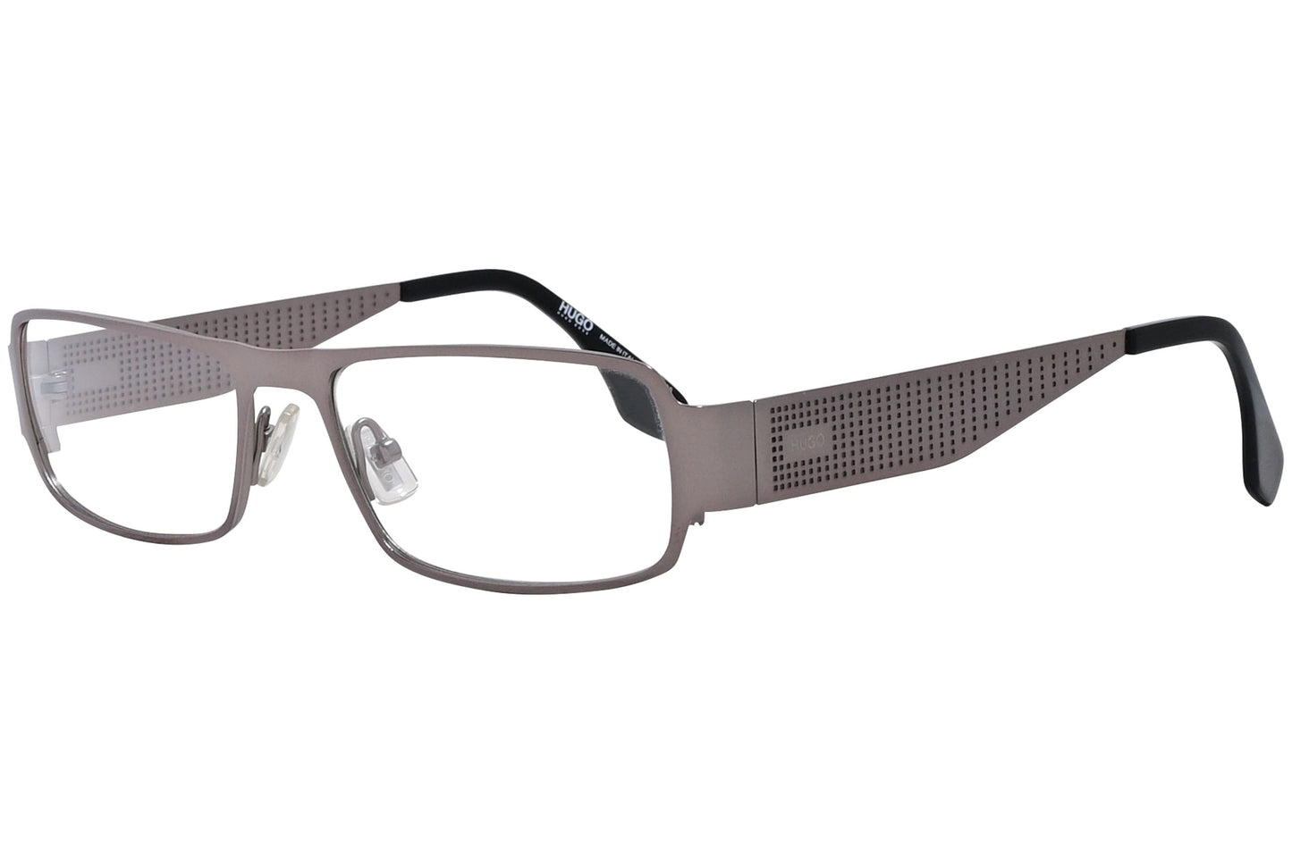 hugo boss rectangle brown eyeglasses frame viewed from a 45-degree angle.