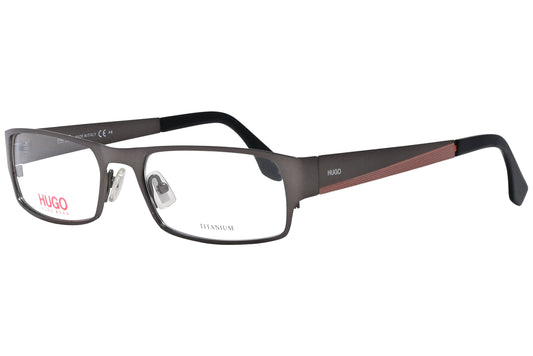 hugo boss rectangle gray eyeglasses frame viewed from a 45-degree angle.