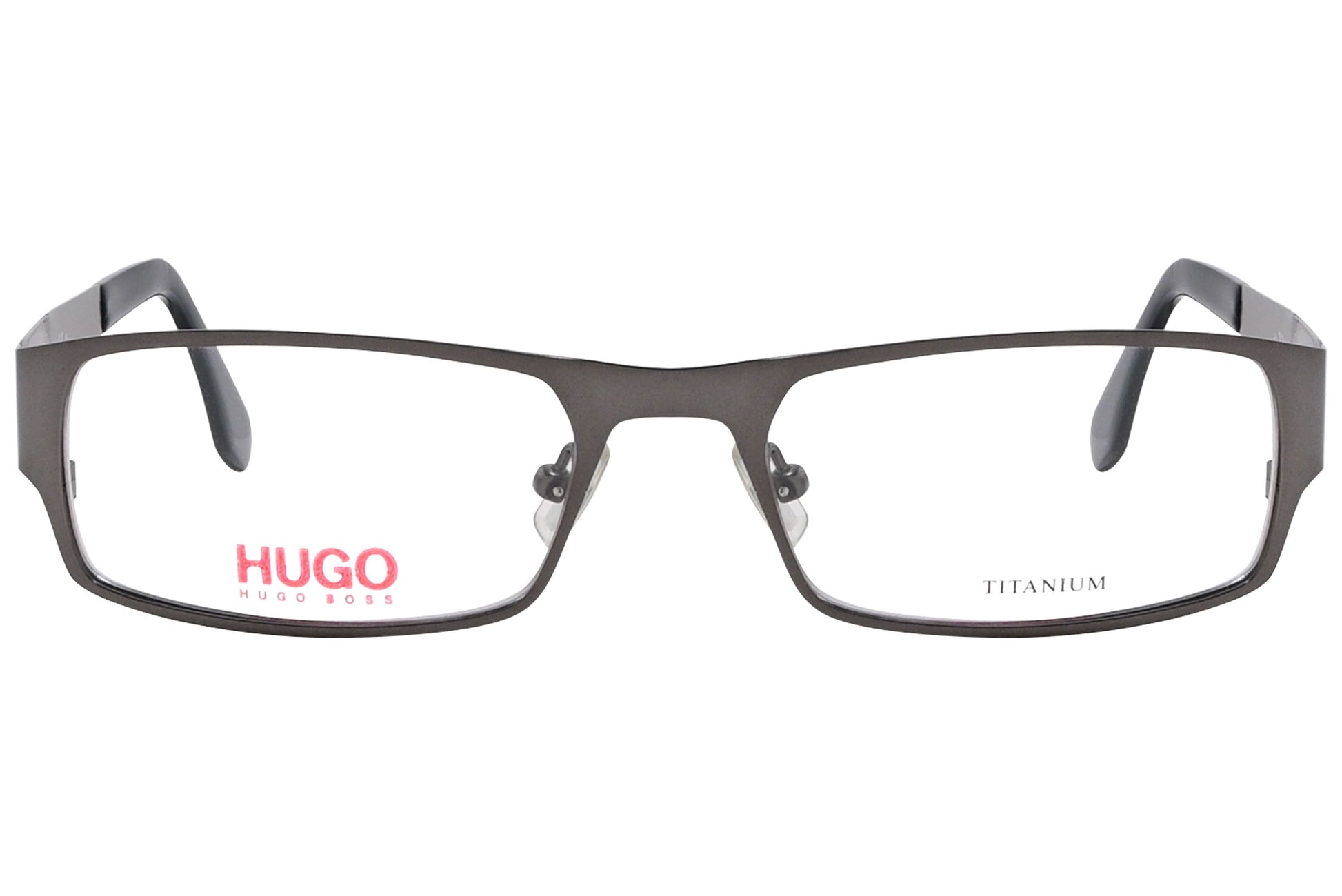 hugo boss rectangle gray eyeglasses frame viewed from front angle.