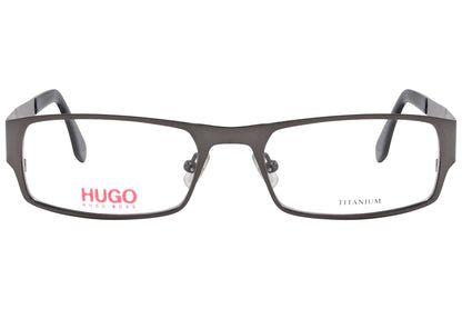 hugo boss rectangle gray eyeglasses frame viewed from front angle.