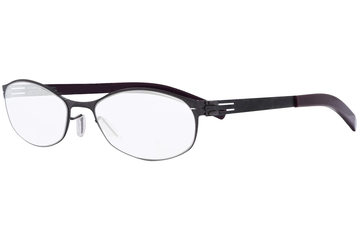 ic berlin oval aubergine eyeglasses frame viewed from a 45-degree angle.