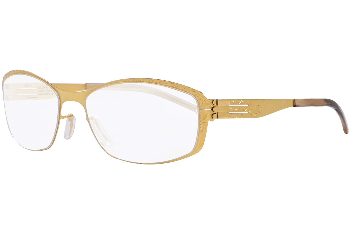 ic berlin rectangle gold eyeglasses frame viewed from a 45-degree angle.