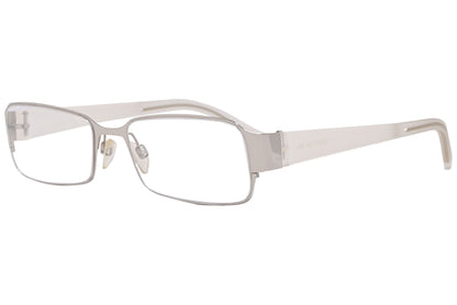 jil sander rectangle silver and pearl white eyeglasses frame viewed from a 45-degree angle.