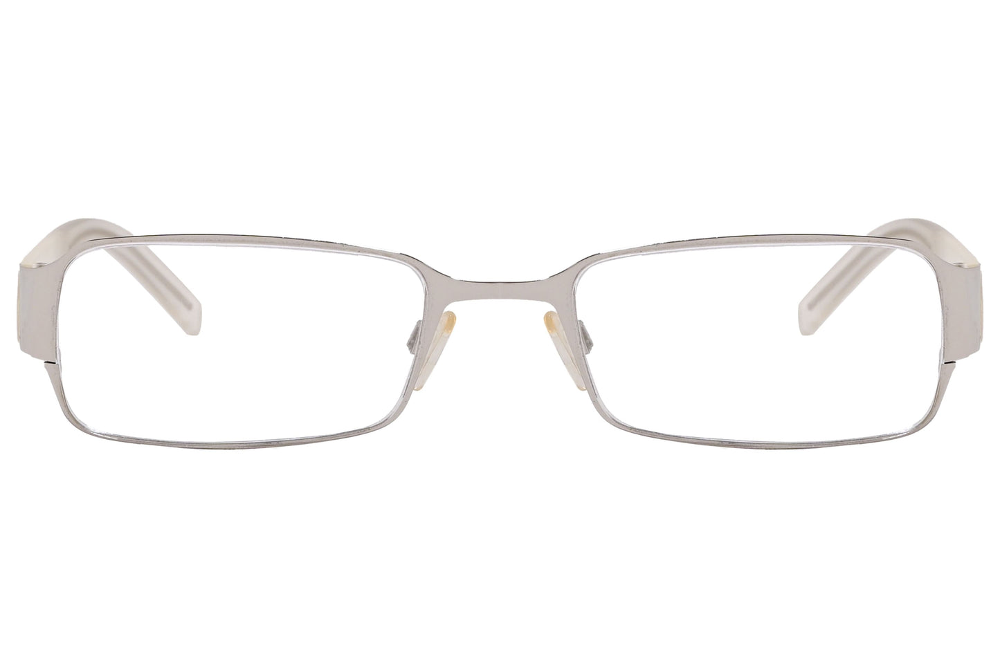 jil sander rectangle silver and pearl white eyeglasses frame viewed from front angle.