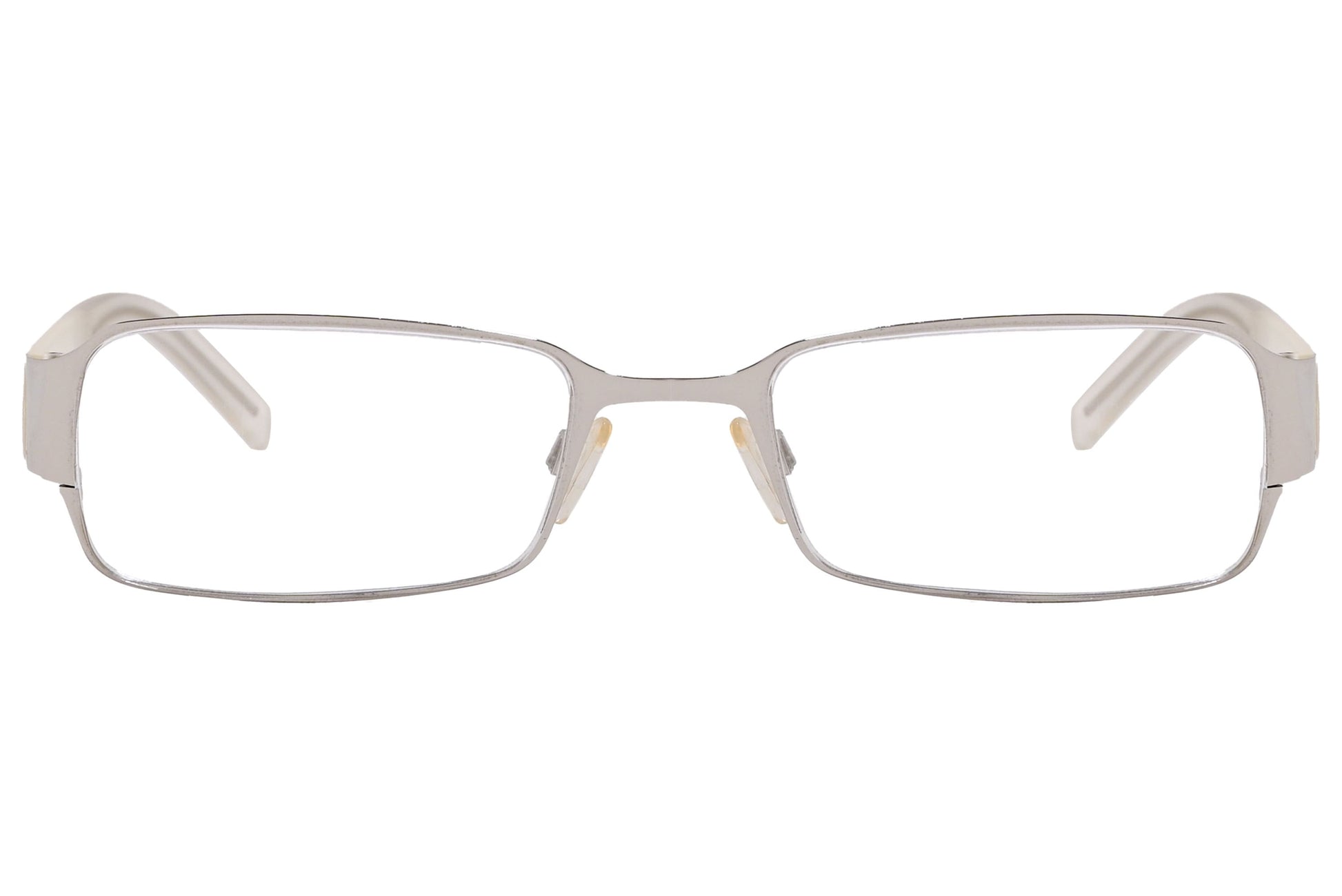 jil sander rectangle silver and pearl white eyeglasses frame viewed from front angle.