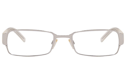 jil sander rectangle silver and pearl white eyeglasses frame viewed from front angle.