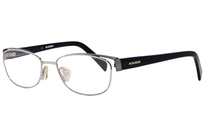 jil sander rectangle silver and black eyeglasses frame viewed from a 45-degree angle.