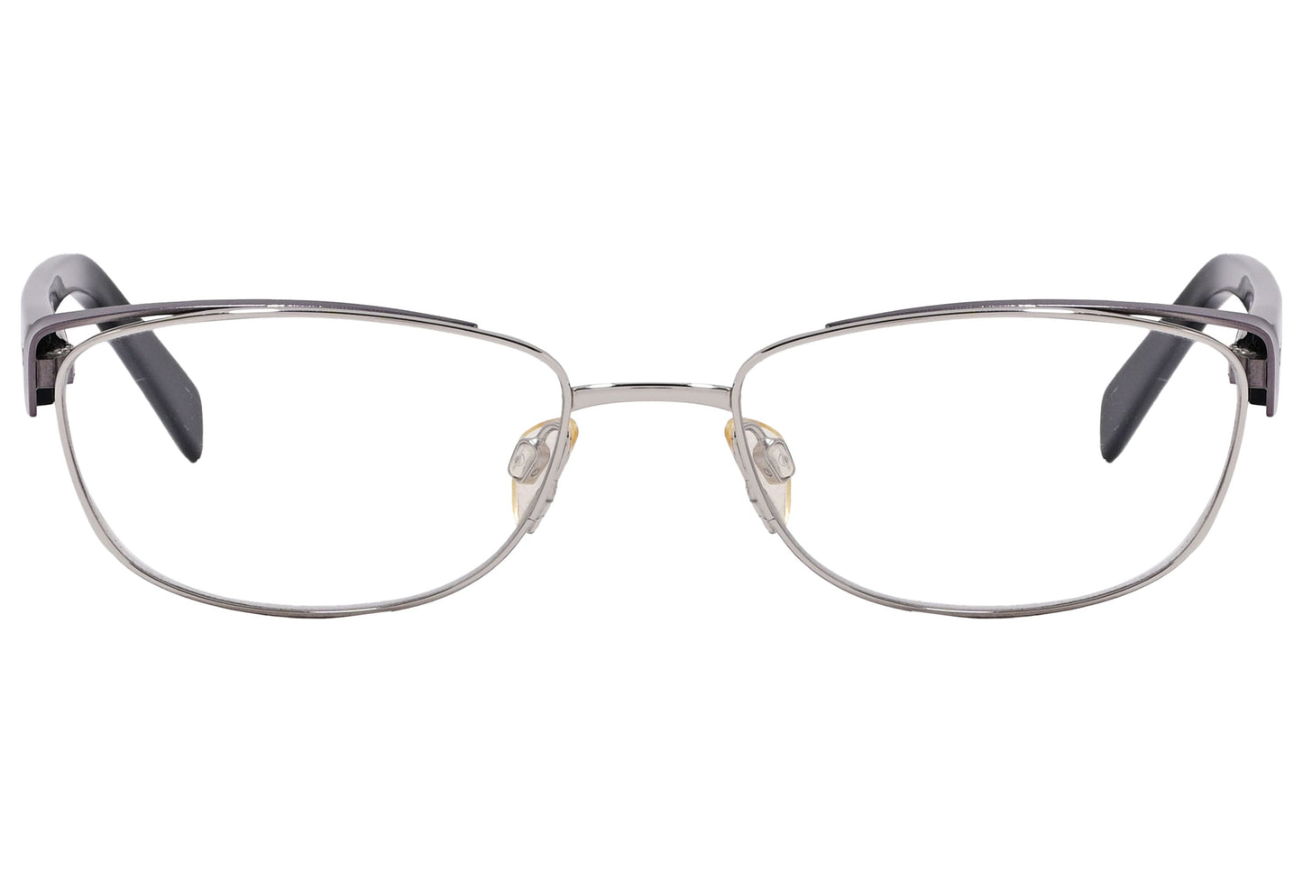 jil sander rectangle silver and black eyeglasses frame viewed from front angle.