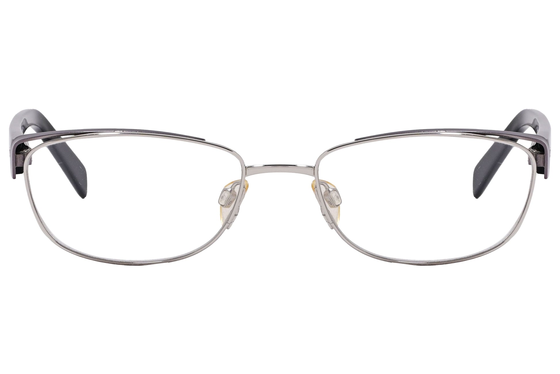 jil sander rectangle silver and black eyeglasses frame viewed from front angle.