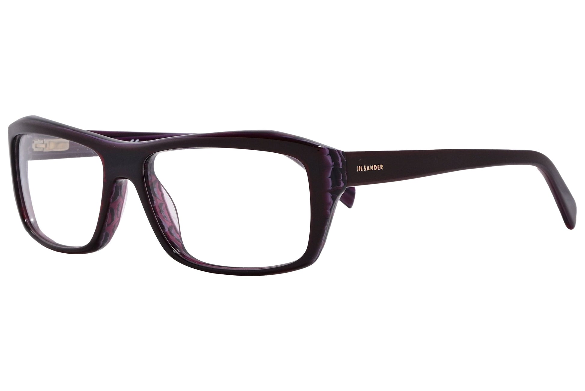 jil sander rectangle maroon eyeglasses frame viewed from a 45-degree angle.