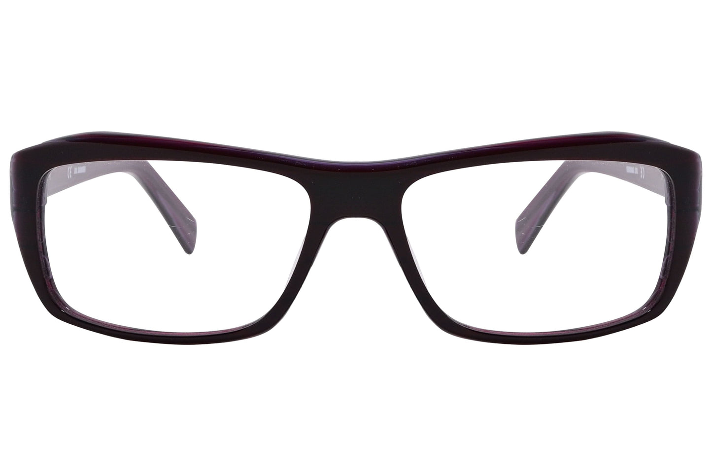 jil sander rectangle maroon eyeglasses frame viewed from front angle.