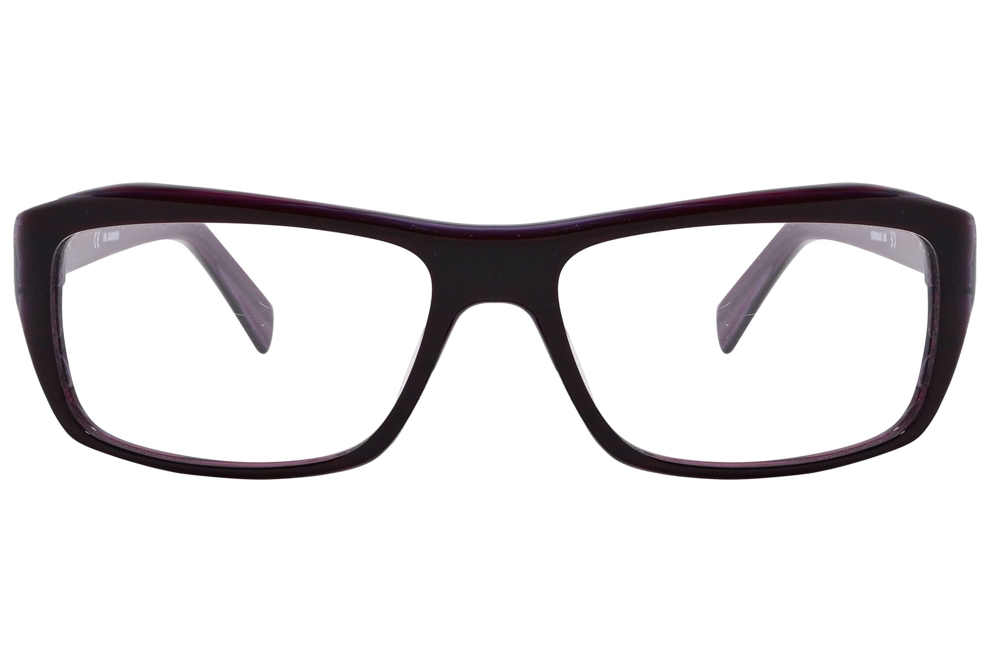 jil sander rectangle maroon eyeglasses frame viewed from front angle.