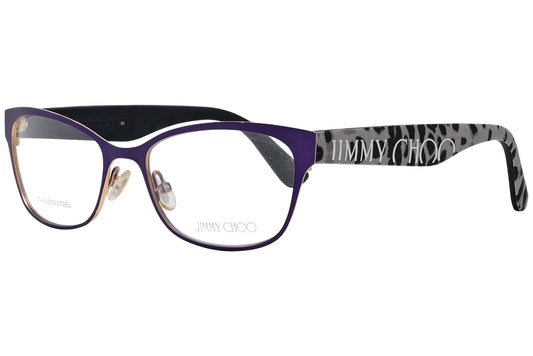 jimmy choo rectangle purple eyeglasses frame viewed from a 45-degree angle.