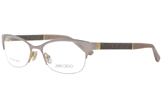 jimmy choo browline gray eyeglasses frame viewed from a 45-degree angle.