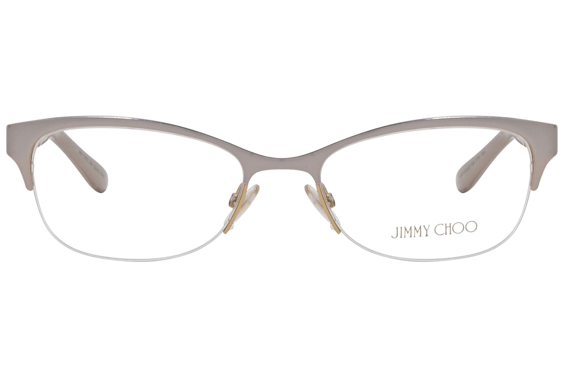 jimmy choo browline gray eyeglasses frame viewed from front angle.