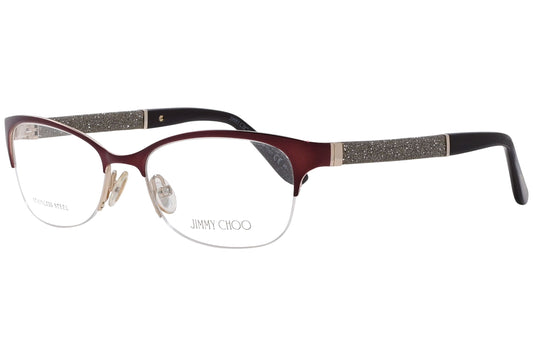 jimmy choo browline red eyeglasses frame viewed from a 45-degree angle.