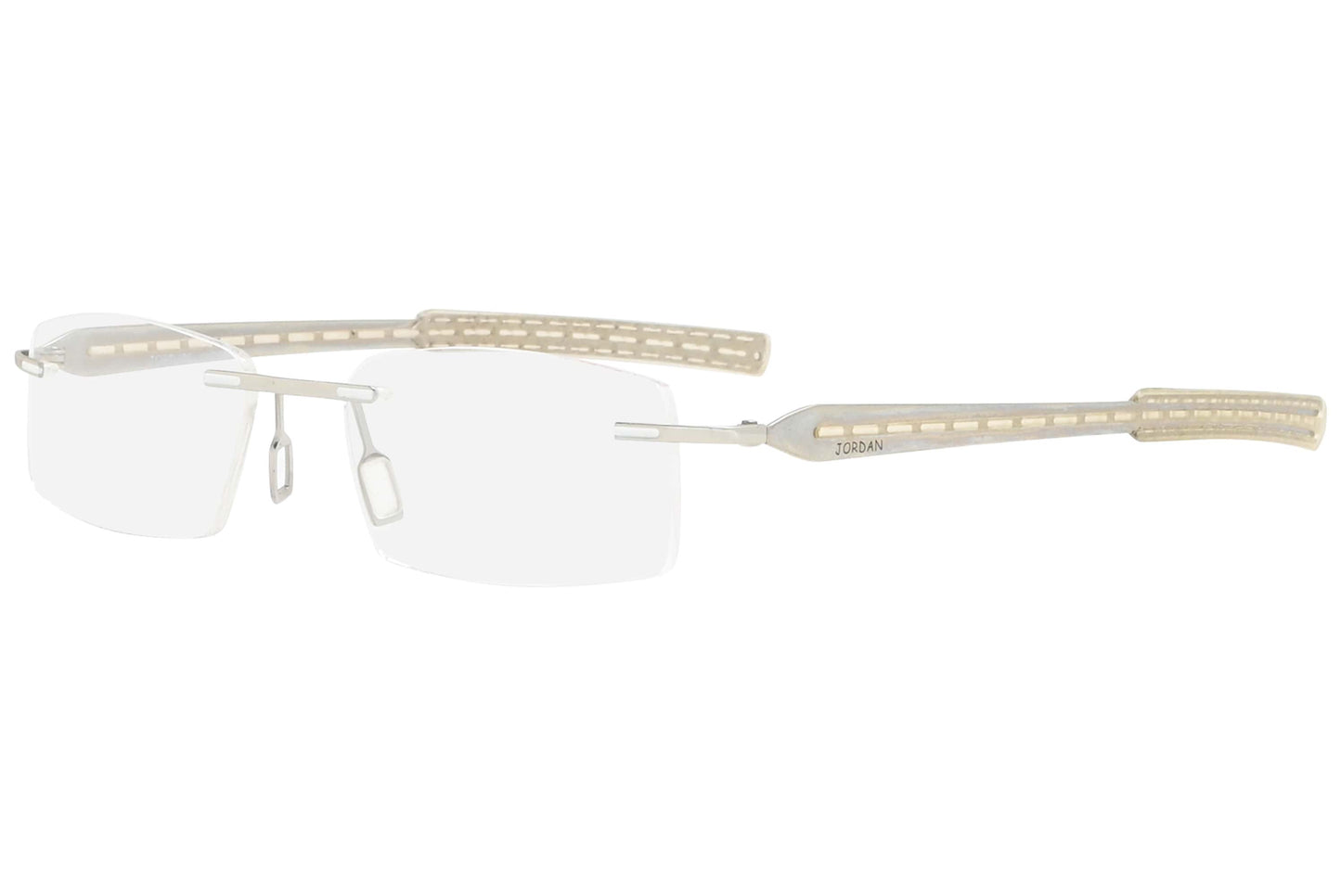 jordan rimless beige eyeglasses frame viewed from a 45-degree angle.