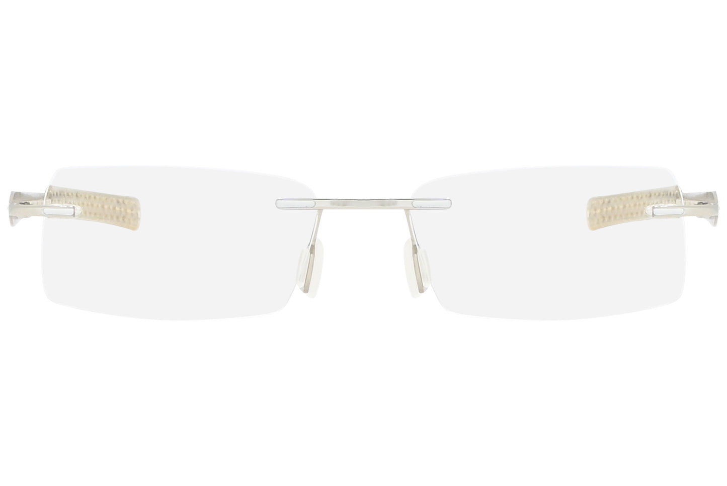 jordan rimless beige eyeglasses frame viewed from front angle.