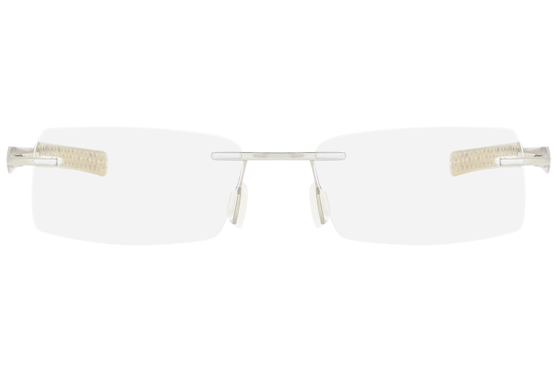 jordan rimless beige eyeglasses frame viewed from front angle.