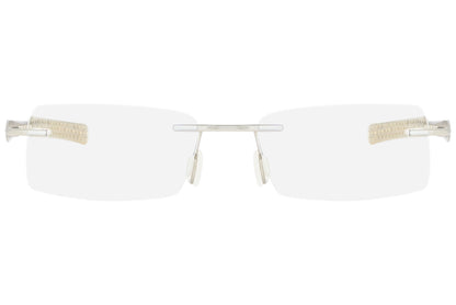 jordan rimless beige eyeglasses frame viewed from front angle.