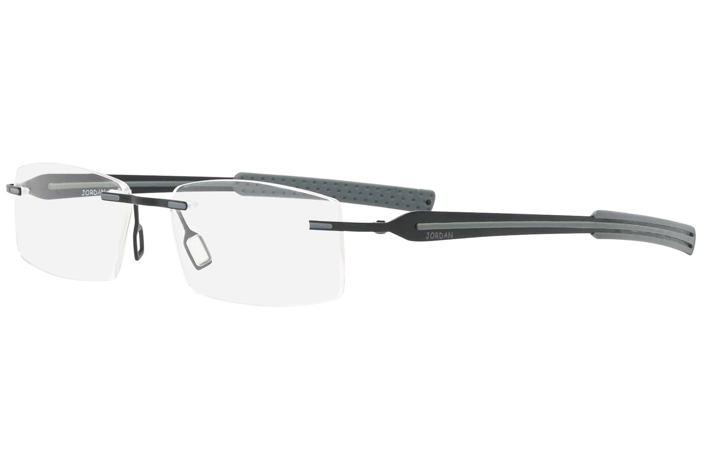 jordan rimless gray eyeglasses frame viewed from a 45-degree angle.