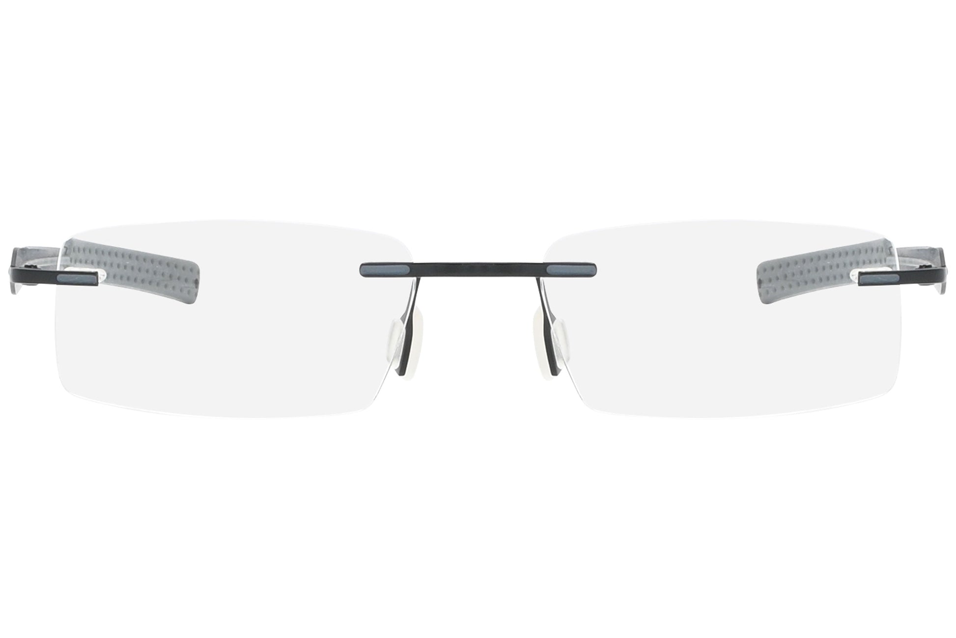 jordan rimless gray eyeglasses frame viewed from front angle.