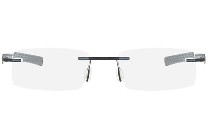 jordan rimless gray eyeglasses frame viewed from front angle.