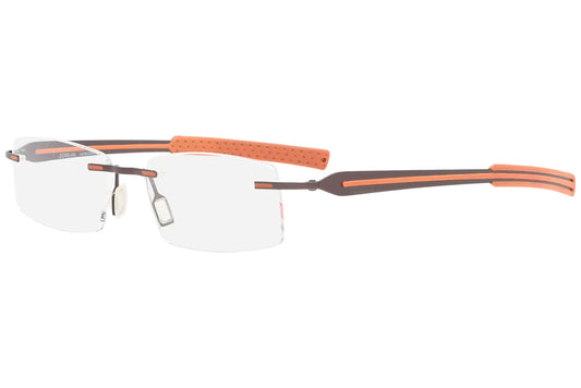 jordan rimless orange eyeglasses frame viewed from a 45-degree angle.