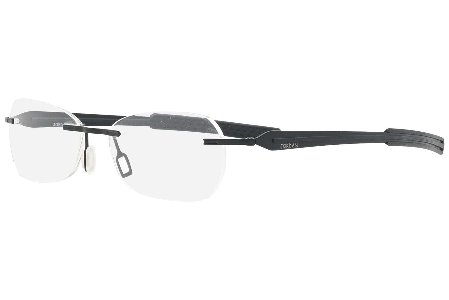 jordan rimless black eyeglasses frame viewed from a 45-degree angle.