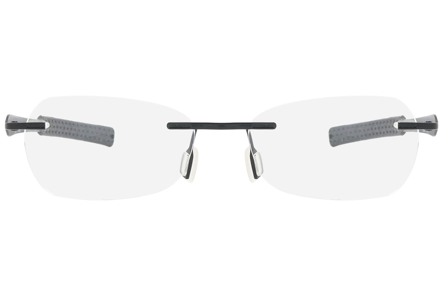 jordan rimless black eyeglasses frame viewed from front angle.