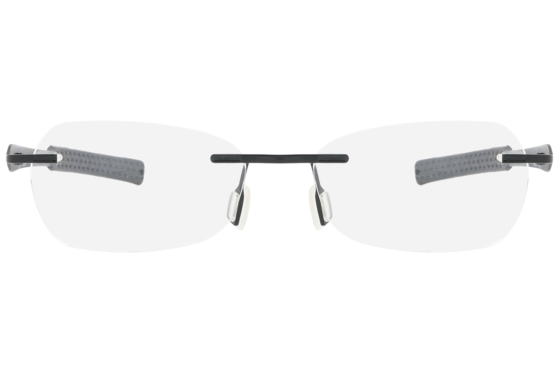 jordan rimless black eyeglasses frame viewed from front angle.