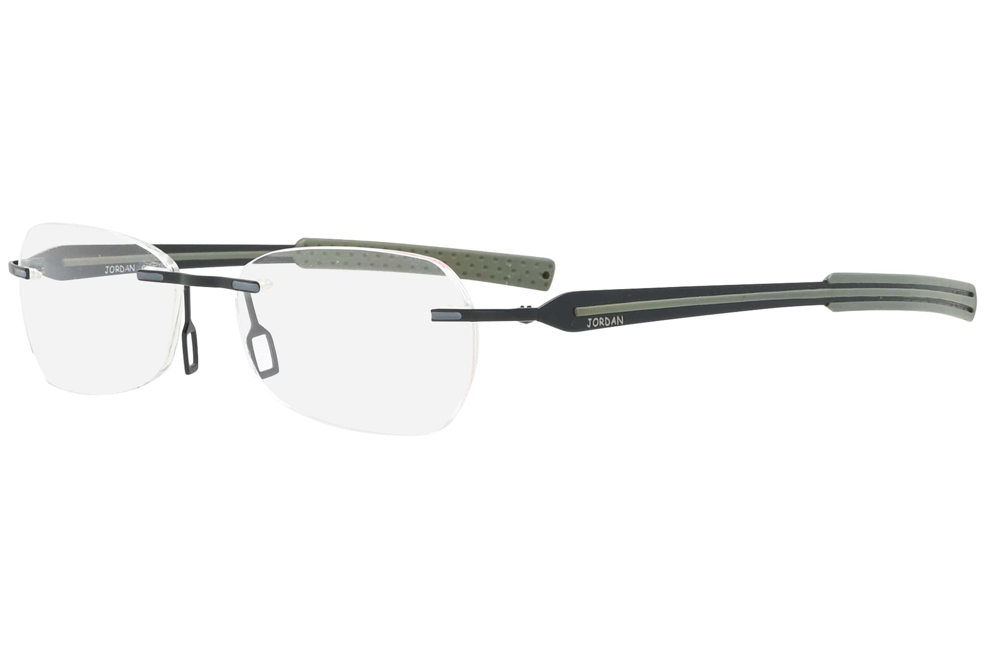 jordan rimless military green eyeglasses frame viewed from a 45-degree angle.