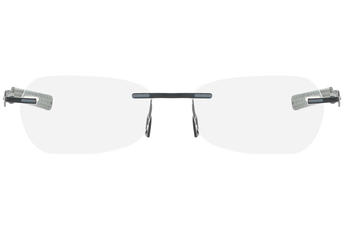 jordan rimless military green eyeglasses frame viewed from front angle.