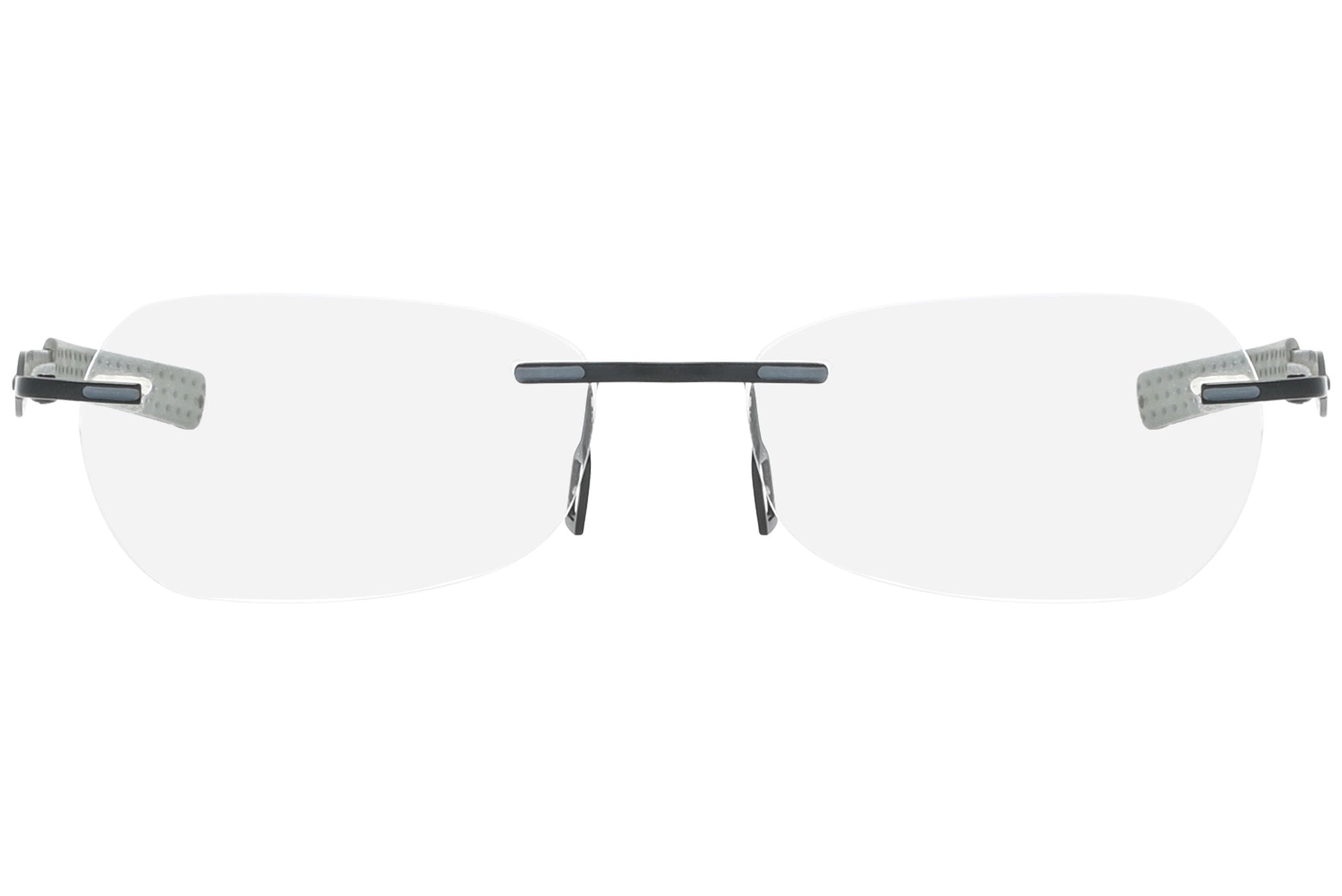 jordan rimless military green eyeglasses frame viewed from front angle.