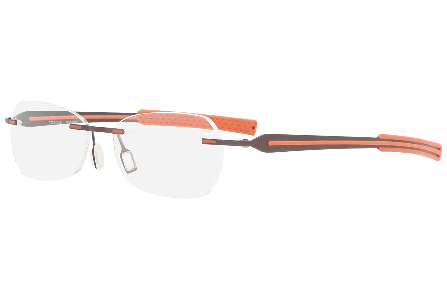 jordan rimless orange eyeglasses frame viewed from a 45-degree angle.