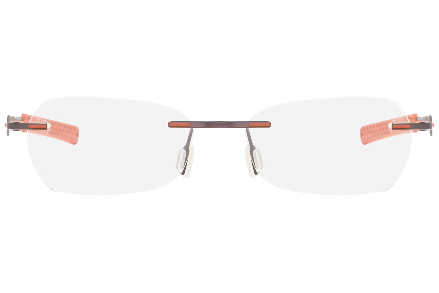 jordan rimless orange eyeglasses frame viewed from front angle.