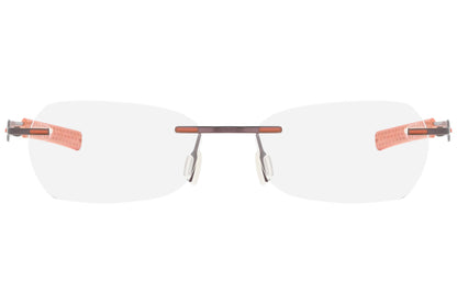 jordan rimless orange eyeglasses frame viewed from front angle.