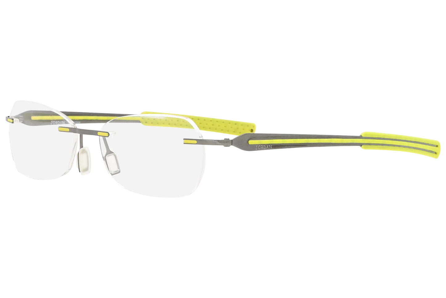 jordan rimless yellow green eyeglasses frame viewed from a 45-degree angle.