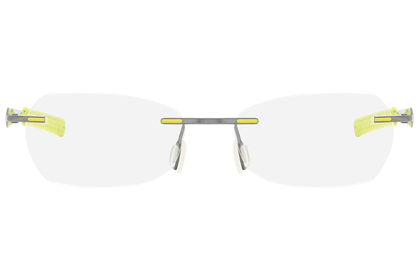 jordan rimless yellow green eyeglasses frame viewed from front angle.